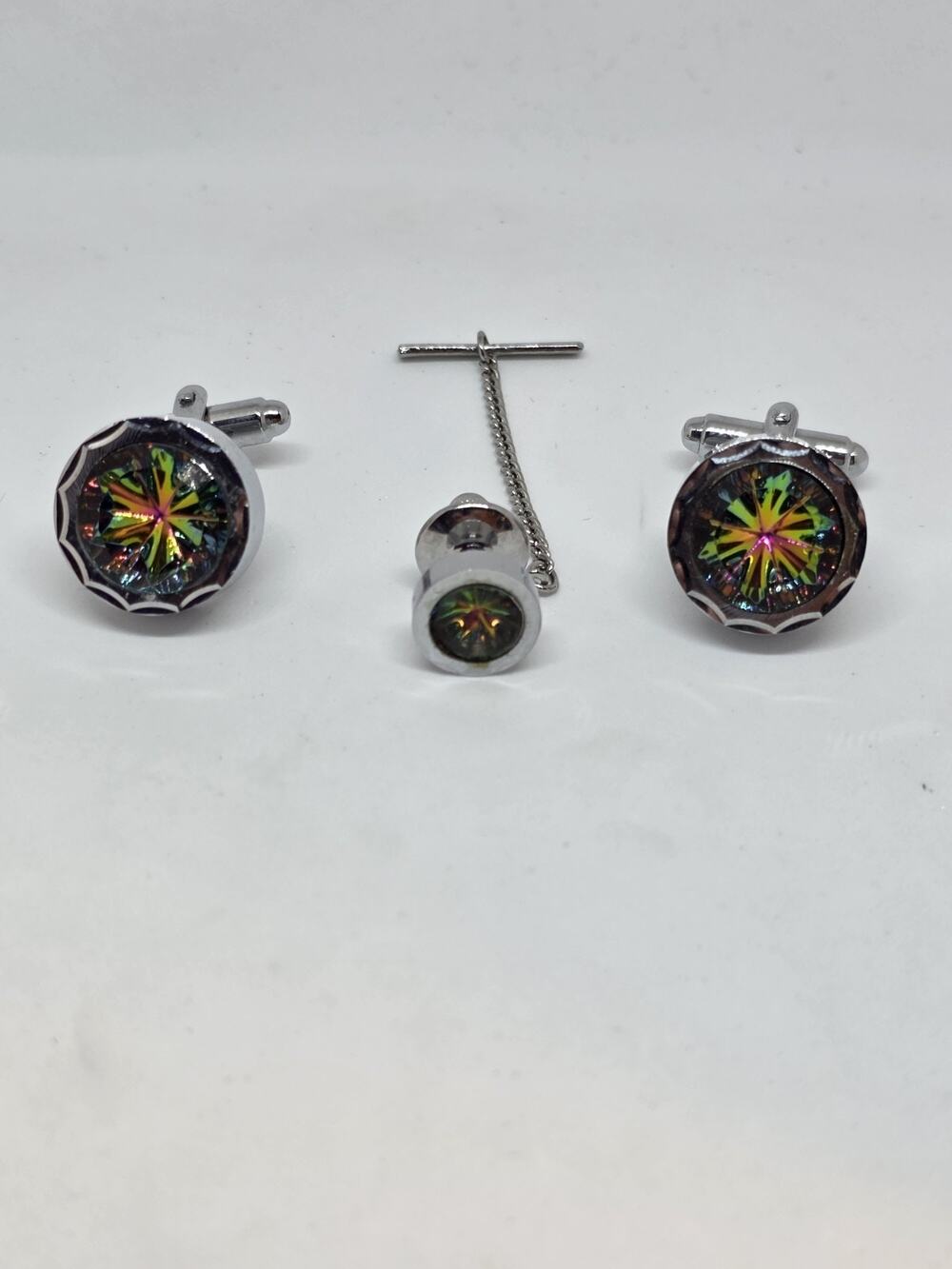 Vintage Fancy Watermelon Glass Cufflink And Tie Tack Set In Silvertone